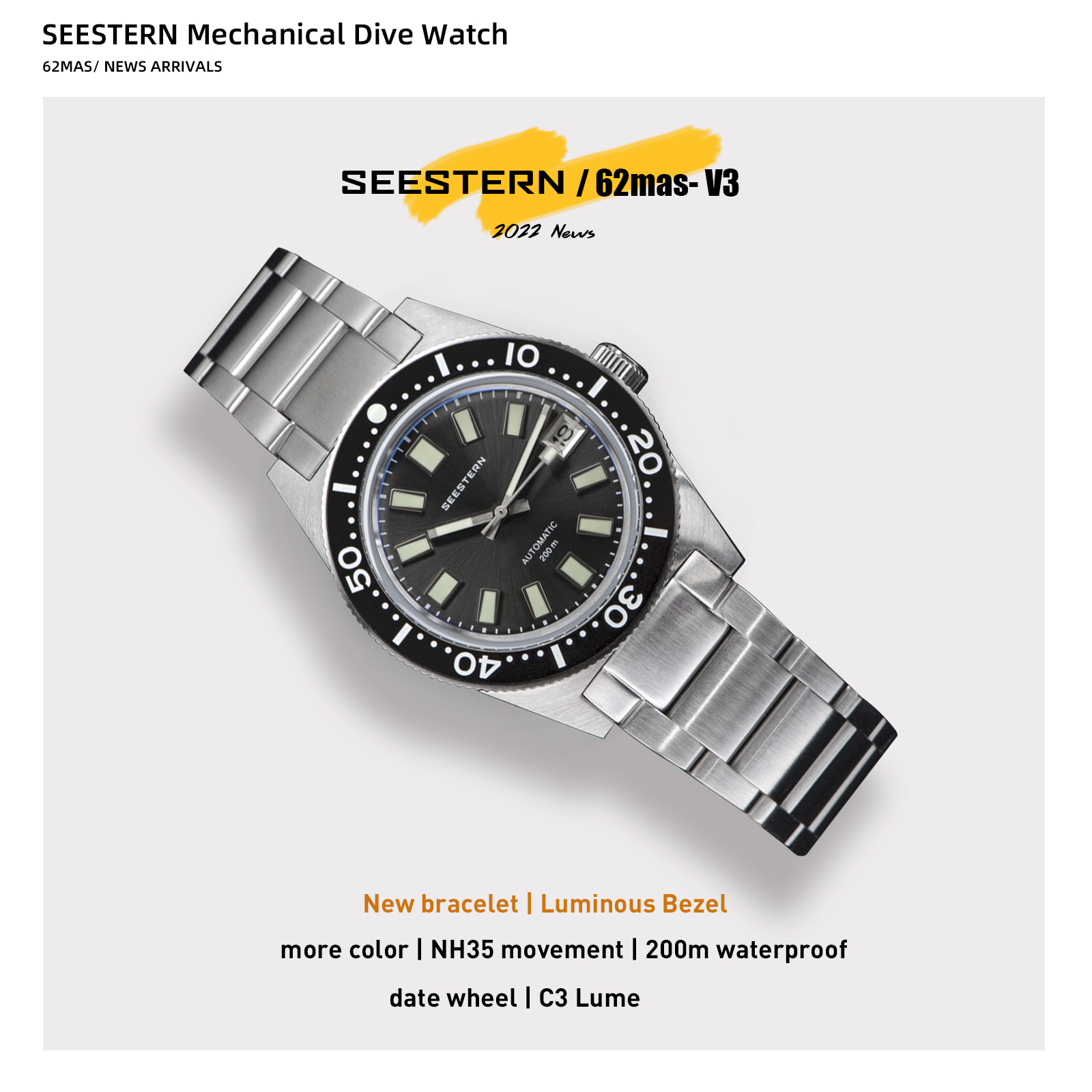 Stainless Bracelet Diver - SEESTERN 62MAS Diving Watch Men Automatic